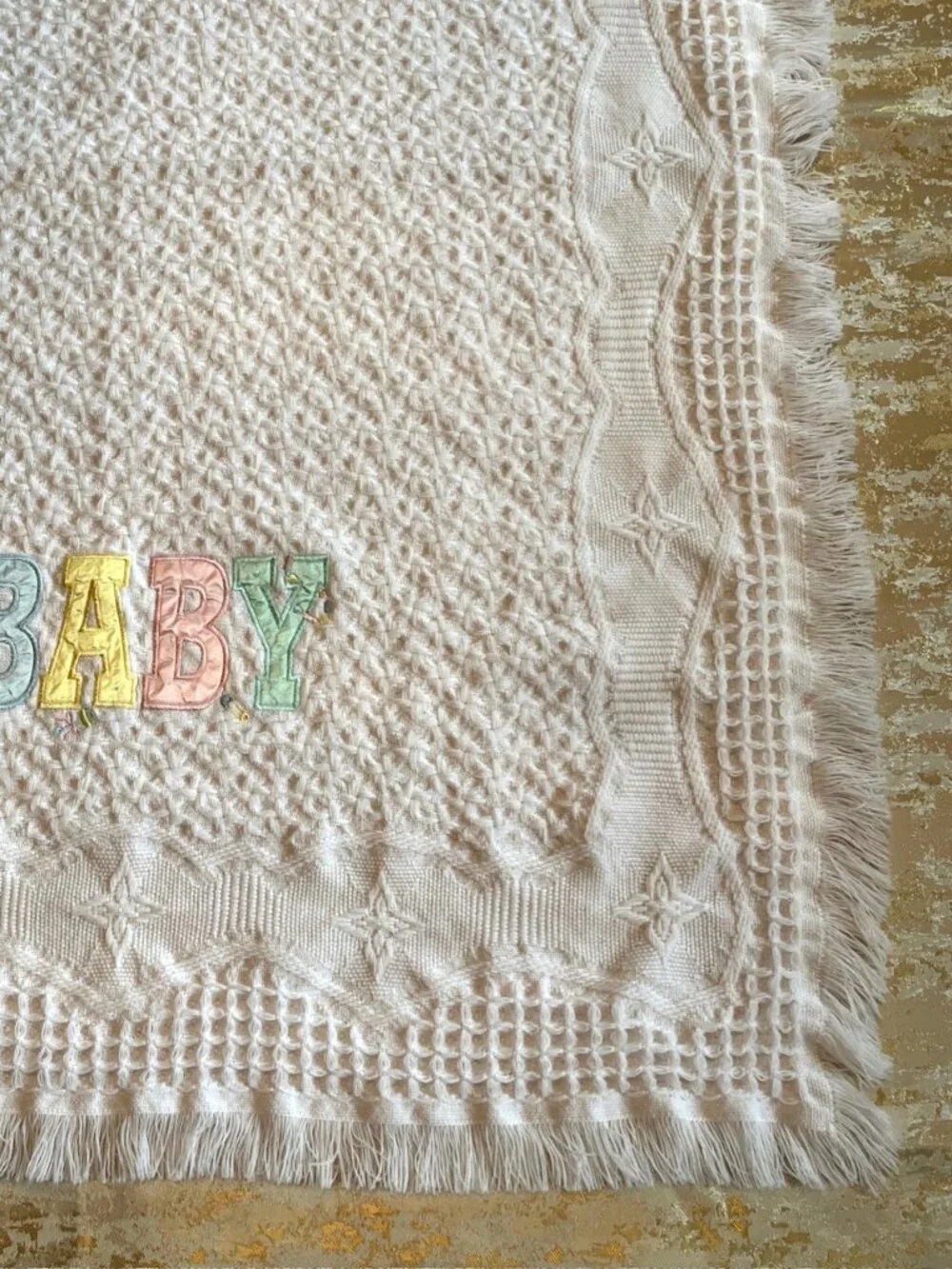 Bright Future Baby Blanket White Fringe Woven Textured Acrylic 33x47 Korea